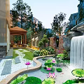 Stunning Courtyard Water Fountain Landscape with Greenery Stone Path and Modern Buildings