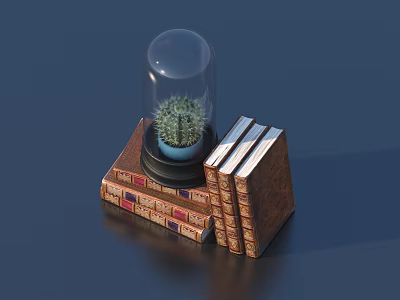 Vintage Stacked Decorative Books With Glass Dome Cover And Small Green Cactus 3d model