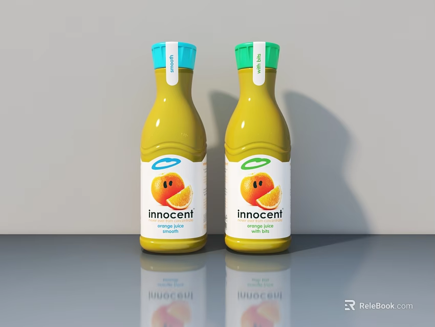Innocent Peach Juice Bottles With Blue Green Caps On Gray Countertop Background 3d model 