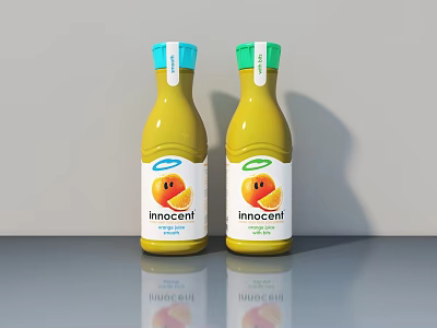 Innocent Peach Juice Bottles With Blue Green Caps On Gray Countertop Background 3d model