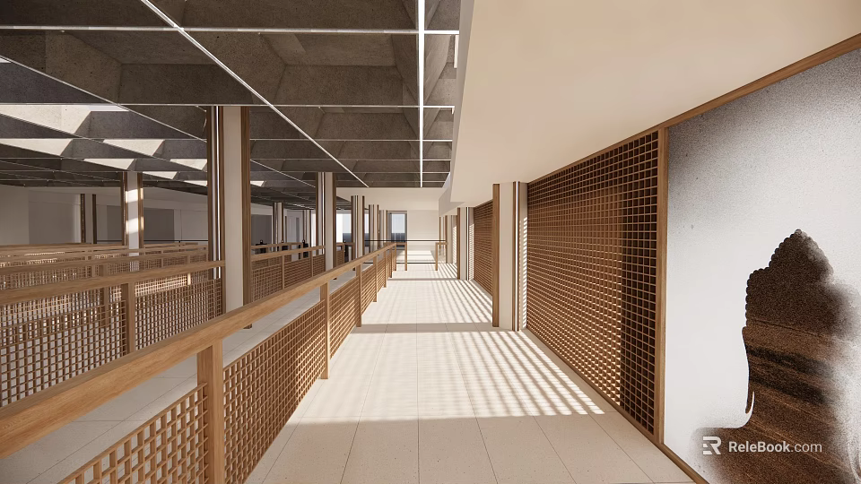 Modern Station Corridor With Wooden Railings Latticed Walls Concrete Ceiling And Natural Light 3d model 