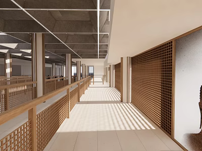 Modern Station Corridor With Wooden Railings Latticed Walls Concrete Ceiling And Natural Light 3d model
