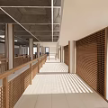 Modern Station Corridor With Wooden Railings Latticed Walls Concrete Ceiling And Natural Light