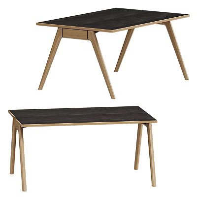 Modern Minimalist Dining Table With Black Tabletop Wooden Legs And Matching Bench 3d model