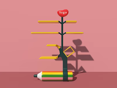 Tree Shaped Display Shelf With Yellow Shelves Red Logo And Colorful Pencil Base 3d model