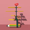 Tree Shaped Display Shelf With Yellow Shelves Red Logo And Colorful Pencil Base