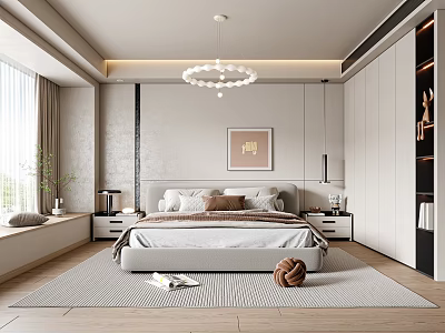 Modern Bedroom Interior With Bed Nightstands Chandelier Rug And Built In Cabinets 3d model