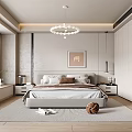 Modern Bedroom Interior With Bed Nightstands Chandelier Rug And Built In Cabinets