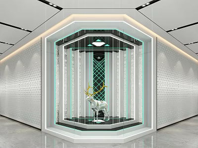 Modern Luxury Window Display With White Deer Statue Geometric Pattern Background And Lighting Design 3d model