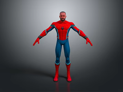 Man wearing Spider Man costume with red and blue suit standing against gray background 3d model