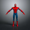 Man wearing Spider Man costume with red and blue suit standing against gray background