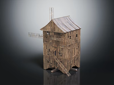Wooden Windmill Tower Building With Wooden Structure Staircase And Metal Roof 3d model