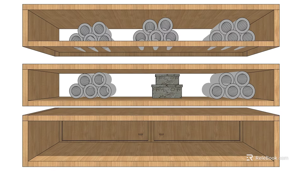 Bathroom Accessories Storage On Wooden Shelf With Toilet Paper Rolls And Box 3d model 