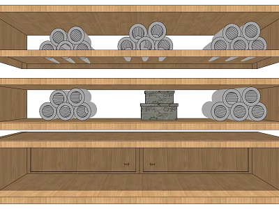 Bathroom Accessories Storage On Wooden Shelf With Toilet Paper Rolls And Box 3d model
