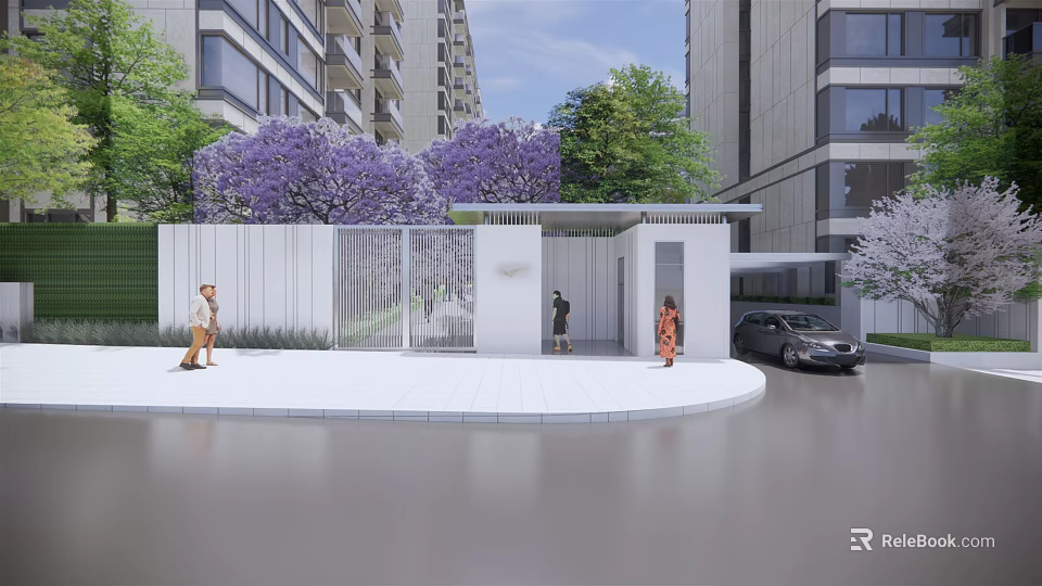 Modern Residential Landscape Featuring Purple Flowering Trees White Entrance and Green Plants 3d model 