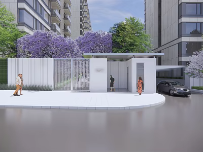 Modern Residential Landscape Featuring Purple Flowering Trees White Entrance and Green Plants 3d model