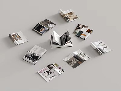 Open Books and Magazines Displaying Various Pages with Image and Text Content 3d model
