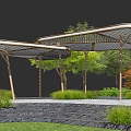 Modern Outdoor Pergola With Metal Frame Lattice Roof And Garden Greenery Red Foliage Stone Pavement