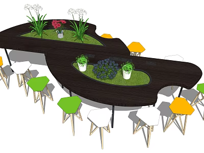 Modern Bar Counter Design With Green Plants Decorations And Colorful Stools 3d model