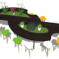 Modern Bar Counter Design With Green Plants Decorations And Colorful Stools