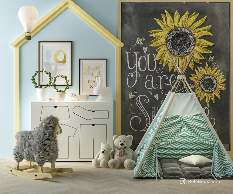 Teal Chevron Pattern Kids Tent With Stuffed Toys And Sunflower Decor In Playroom 3d model 