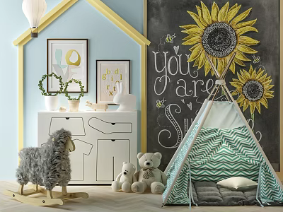 Teal Chevron Pattern Kids Tent With Stuffed Toys And Sunflower Decor In Playroom 3d model
