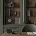 Green Wooden Bookcase With Open Shelves Books Globe Sculpture Desk Lamp And Chair