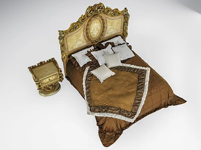 Ornate Double Bed With Gold Carved Headboard Brown Quilt White Pillows And Matching Nightstand 3d model