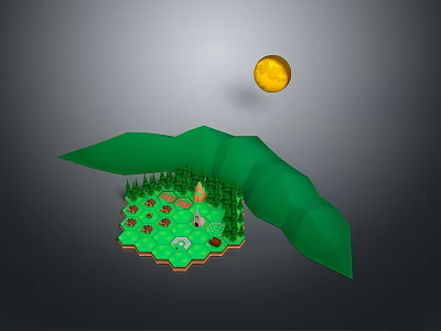 Scenic Green Island Landscape With Small House Trees Animals And Yellow Sun 3d model