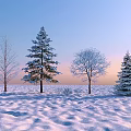 Snowy Winter Landscape With Various Snow Covered Trees In Field Under Pastel Blue Pink Sky