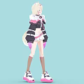 Anime Style Character With Cat Ears Wearing Black Pink Jacket And White Shorts On Light Blue Background
