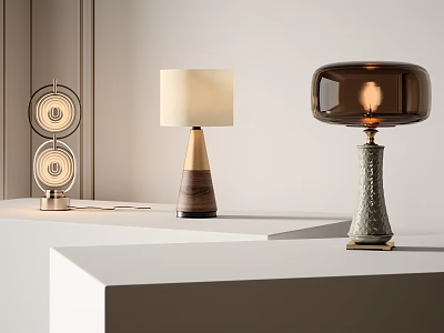 Three Stylish Table Lamps With Wooden Metallic Glass Bases On Minimalist White Platform 3d model