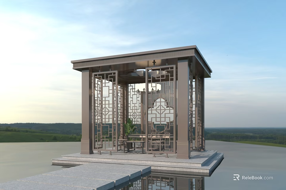 Modern Pavilion with Traditional Openwork Carvings by Waterfront Scenic View and Blue Sky 3d model 