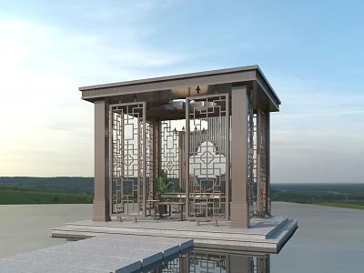 Modern Pavilion with Traditional Openwork Carvings by Waterfront Scenic View and Blue Sky 3d model