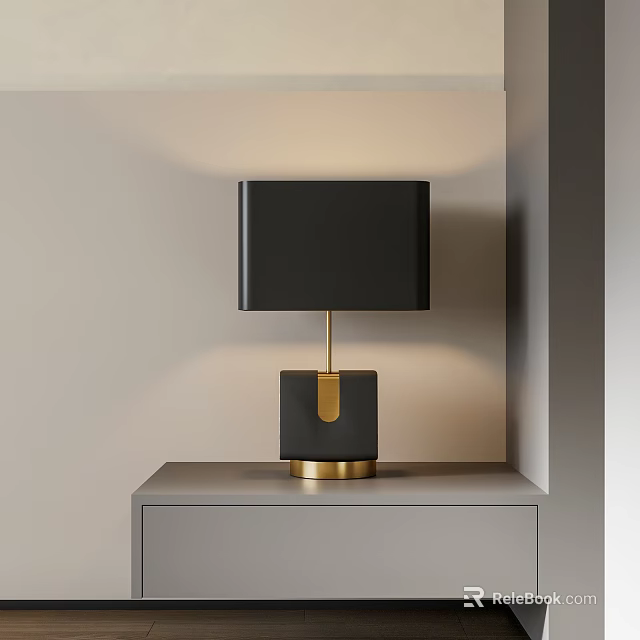 Modern Black Table Lamp With Gold Base On Gray Cabinet Minimalist Design 3d model 