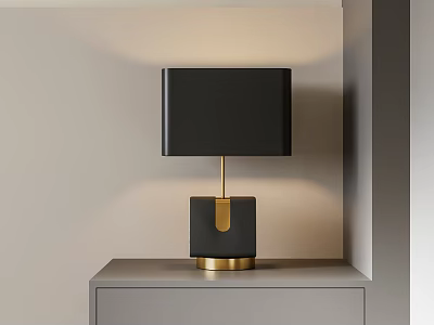 Modern Black Table Lamp With Gold Base On Gray Cabinet Minimalist Design 3d model