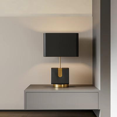 Modern Black Table Lamp With Gold Base On Gray Cabinet Minimalist Design 3d model