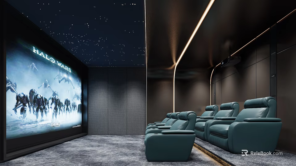Modern Home Theater Interior Design With Large Projection Screen Starry Ceiling And Comfortable Seats 3d model 