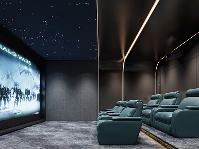 Modern Home Theater Interior Design With Large Projection Screen Starry Ceiling And Comfortable Seats 3d model