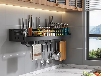 Modern Kitchen Wall Mounted Shelf With Knives Spice Bottles Hanging Utensils And Cutting Board Towel 3d model