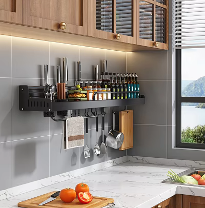 Modern Kitchen Wall Mounted Shelf With Knives Spice Bottles Hanging Utensils And Cutting Board Towel 3d model