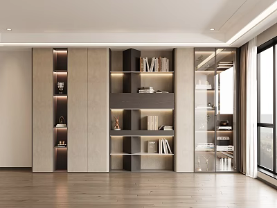 Modern Bookcase With Open And Glass Door Sections Built In Lighting Decorative Items And Books 3d model