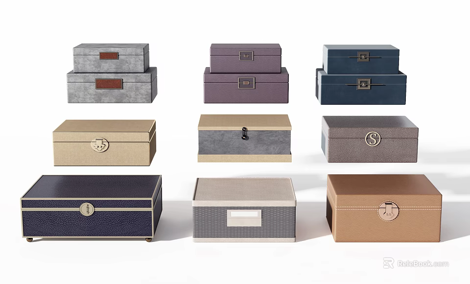 Decorative Storage Box Collection With Various Colors And Stylish Metal Clasp Designs 3d model 