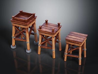 Three Handcrafted Wooden Stools With Cross Legged Structure Wooden Slat Seats And Gray Padded Feet 3d model