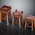 Three Handcrafted Wooden Stools With Cross Legged Structure Wooden Slat Seats And Gray Padded Feet