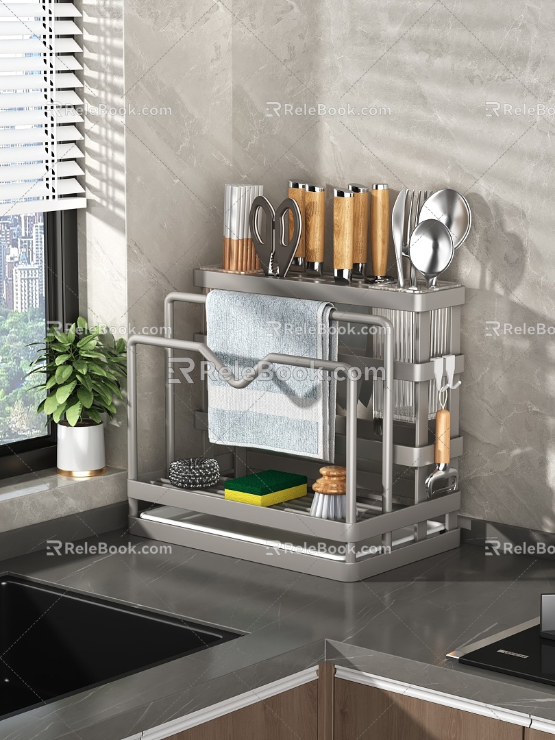 Knife Rack Drain Rack Wall-mounted Kitchen Supplies Storage Rack 3d model