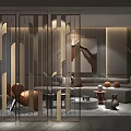 Metallic Room Divider With Curved Lines In Modern Living Room With Sofa Coffee Table Art