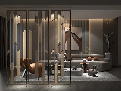 Metallic Room Divider With Curved Lines In Modern Living Room With Sofa Coffee Table Art 3d model