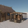 Rustic Thatch Roof Houses In Snowy Landscape With Wooden Frames And Structures