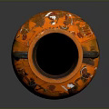 Sculpted Vase With Two Handles And Orange Black Figural Carvings